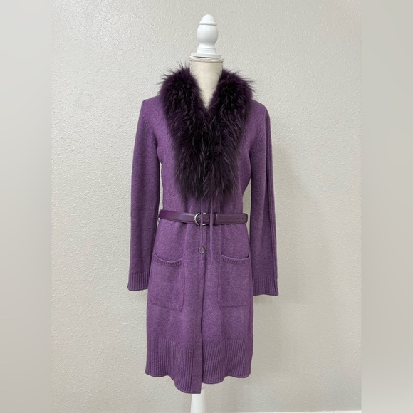 Escada Purple Wool Raccoon Fur Collar Detail Cardigan Size 34 Small - Picture 2 of 15
